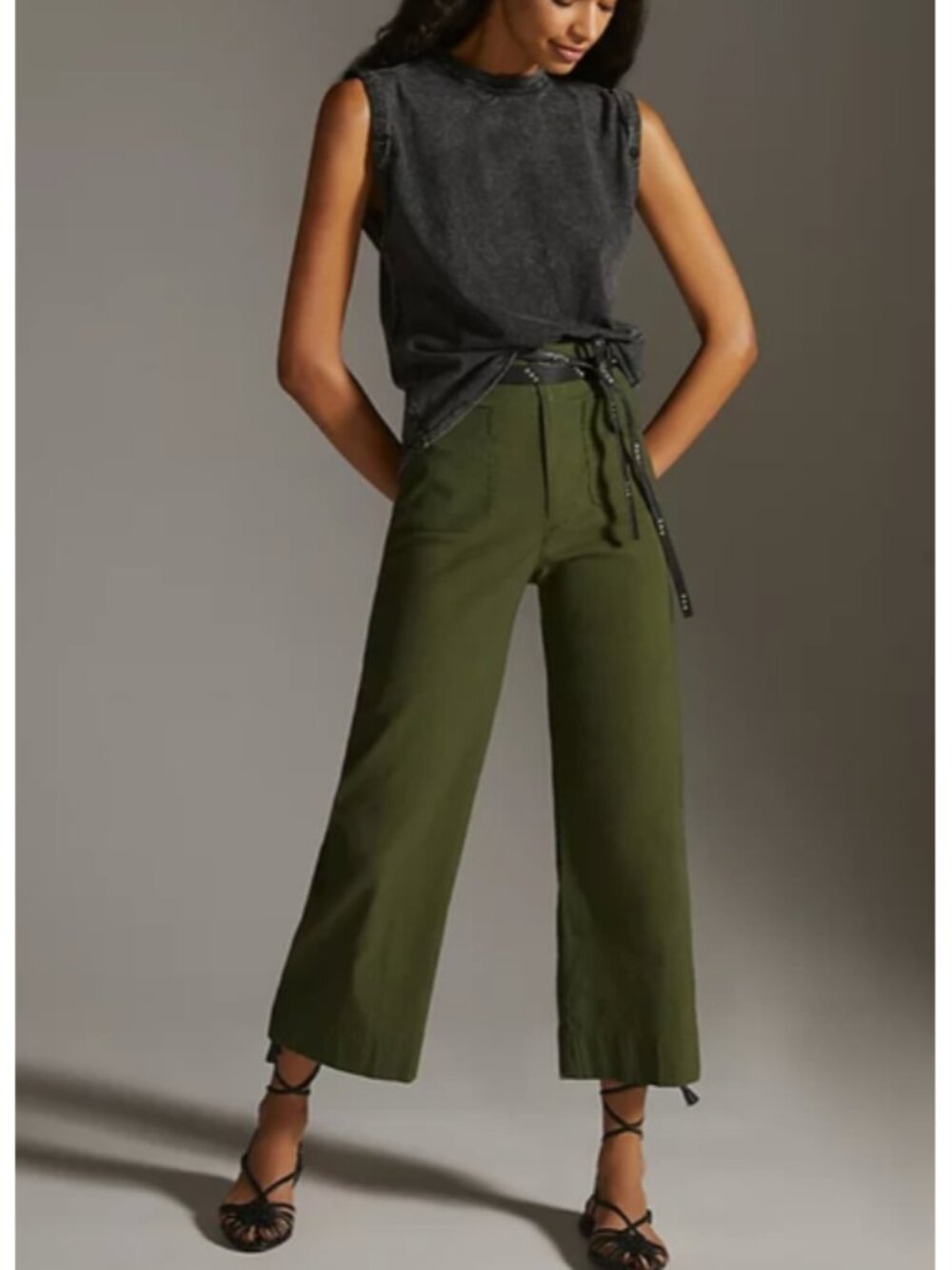 Maeve Anthropologie The Colette Wide Leg Crop Pant Olive Green High Rise Size 29
